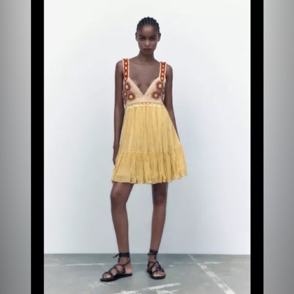 ZARA LIMITED EDITION CROCHET DRESS large boho bohemian festival yellow concert